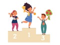 Kids winners. Child win competition, winner on podium with medals. Cartoon children victory, champion girl with prize