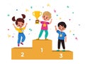 Kids winners. Winning podium with junior athletes, children with medals and gold cup, champions ranking first second and