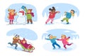 Kids winter activities cartoon illustrations set