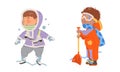 Kids winter activities set. Cute girl skating, boy shoveling snow cartoon vector illustration Royalty Free Stock Photo