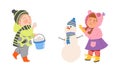 Kids winter activities set. Happy boy and girl in warm clothes making snowman and and playing snowballs cartoon vector Royalty Free Stock Photo