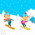 Kids winter activity, boy snowboarding and girl skiing Royalty Free Stock Photo