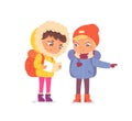 Kids in winter adventure, girl and boy with backpack hiking, child scout holding map