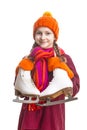 Kids Winter Sports.Portrait of Caucasian Girl in Winter Clothes Posing with Ice Skates Against Pure White Background Royalty Free Stock Photo