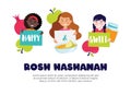 Kids wishing happy and sweet rosh hashana greeting card. Vector