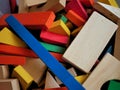 Kids Wooden Building Blocks Brightly Colored in Toy Box