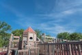 Kids wooden playground recreation area at American public park Royalty Free Stock Photo