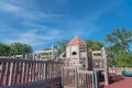 Kids wooden playground recreation area at American public park Royalty Free Stock Photo