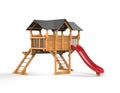 Kids wooden playhouse with red slide and black roof Royalty Free Stock Photo