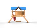 Kids wooden playhouse with red slide and blue roof - back view Royalty Free Stock Photo