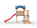 Kids wooden playhouse with red slide and blue roof - side view Royalty Free Stock Photo