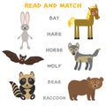 Kids words learning game worksheet read and match. Funny animals bat hare horse wolf bear raccoon Educational Game for Preschool C