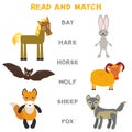 Kids words learning game worksheet read and match. Funny animals bat hare horse wolf sheep fox Educational Game for Preschool Chil