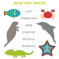 Kids words learning game worksheet read and match. Funny animals Manatee Dolphin Iguana Crab Fish Starfish Educational Game for Pr Royalty Free Stock Photo