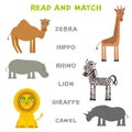 Kids words learning game worksheet read and match. Funny animals zebra hippo rhino lion giraffe camel Educational Game for Presch