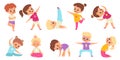 Kids yoga. Childish gymnastic poses, stretch and balance, children sport activity collection, happy flexible boys and Royalty Free Stock Photo