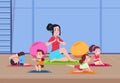 Kids in yoga class. Cartoon children with instructor doing yoga exercises in gym interior. Healthy lifestyle vector