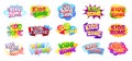 Kids zone badges. Kid play room sign sticker pack, childish fun party color logo cartoon stickers children entertainment Royalty Free Stock Photo