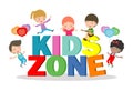 Kids zone banner design. Children playground area poster Kids zone design concept with group of little boys and girls laying Royalty Free Stock Photo