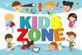 Kids zone banner design. Children playground area poster Kids zone design concept with group of little boys and girls laying