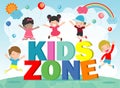 Kids zone banner design. Children playground area poster Kids zone design concept with group of little boys and girls laying Royalty Free Stock Photo