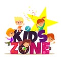 Kids zone banner with group of little boys and girls playing.