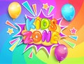 Kids zone banner on rainbow spiral background.