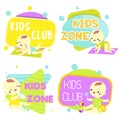 Kids zone banners. Colorful labels with children and cute baby play, crawl, laugh