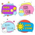 Kids zone banners. Colorful labels with children toys and cute symbols