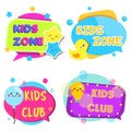 Kids zone banners. Colorful labels with children toys and symbols.