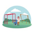 Kids zone, boy waving hand with spring horse and swing playground Royalty Free Stock Photo