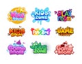 Kids zone. Cartoon children playroom. Entertaining playground logo set. Funny play rooms banners. Colorful typographic