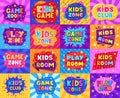 Kids zone cartoon labels, colorful play zone elements. Children playroom entertainment badges flat vector symbols set. Baby Royalty Free Stock Photo