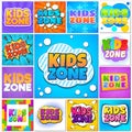 Kids zone. Children game playground banners and labels with cartoon lettering. School children park area vector