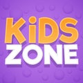 Kids zone. Colorful playing park, playroom or game area logo. Playground for children purple emblem with yellow, white