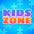 Kids zone. Colorful playing park, playroom or game area logo. Playground for children purple and orange emblem with blue