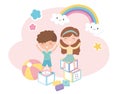 Kids zone, cute little boy and girl alphabet blocks ball toys Royalty Free Stock Photo