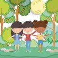 Kids zone, cute little boy and girls in the forest trees mushroom stones grass Royalty Free Stock Photo