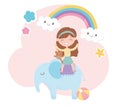 Kids zone, cute little girl and bear on elephant toys Royalty Free Stock Photo