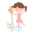 Kids zone, cute little girl with horse and abc blocks toys Royalty Free Stock Photo