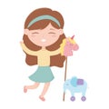 Kids zone, cute little girl with horse and elephant toys Royalty Free Stock Photo