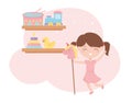 Kids zone, cute little girl horse stick and shelf with toys Royalty Free Stock Photo