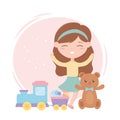 Kids zone, cute little girl toys teddy bear train elephant Royalty Free Stock Photo