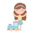 Kids zone, cute little girl with toys train cartoon