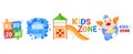 Kids zone emblem, baby label, play sign playground, colorful party logo, entertainment symbol, cartoon style vector