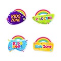 Kids zone emblem colorful cartoon illustrations set. children playground area logo badge isolated white background. playing room Royalty Free Stock Photo