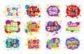 Kids zone emblem colorful cartoon illustrations set