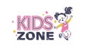 Kids zone emblem design with kids zone text, stars, happy girl jumping isolated on white background. Hand drawn vector illustratio