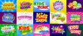 Kids zone emblems. Child playground zone badge, rainbow sign kid play toy area logo fun entertainment or baby education Royalty Free Stock Photo