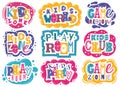 Kids zone emblems. Colorful children playroom and game area emblems, bright colorful fun logos badges, entertainment